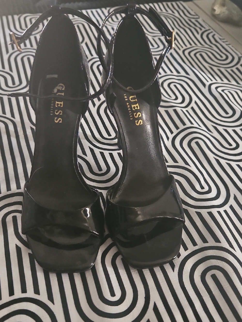 GUESS Black Patent Ankle-Strap Open-Toe Heels